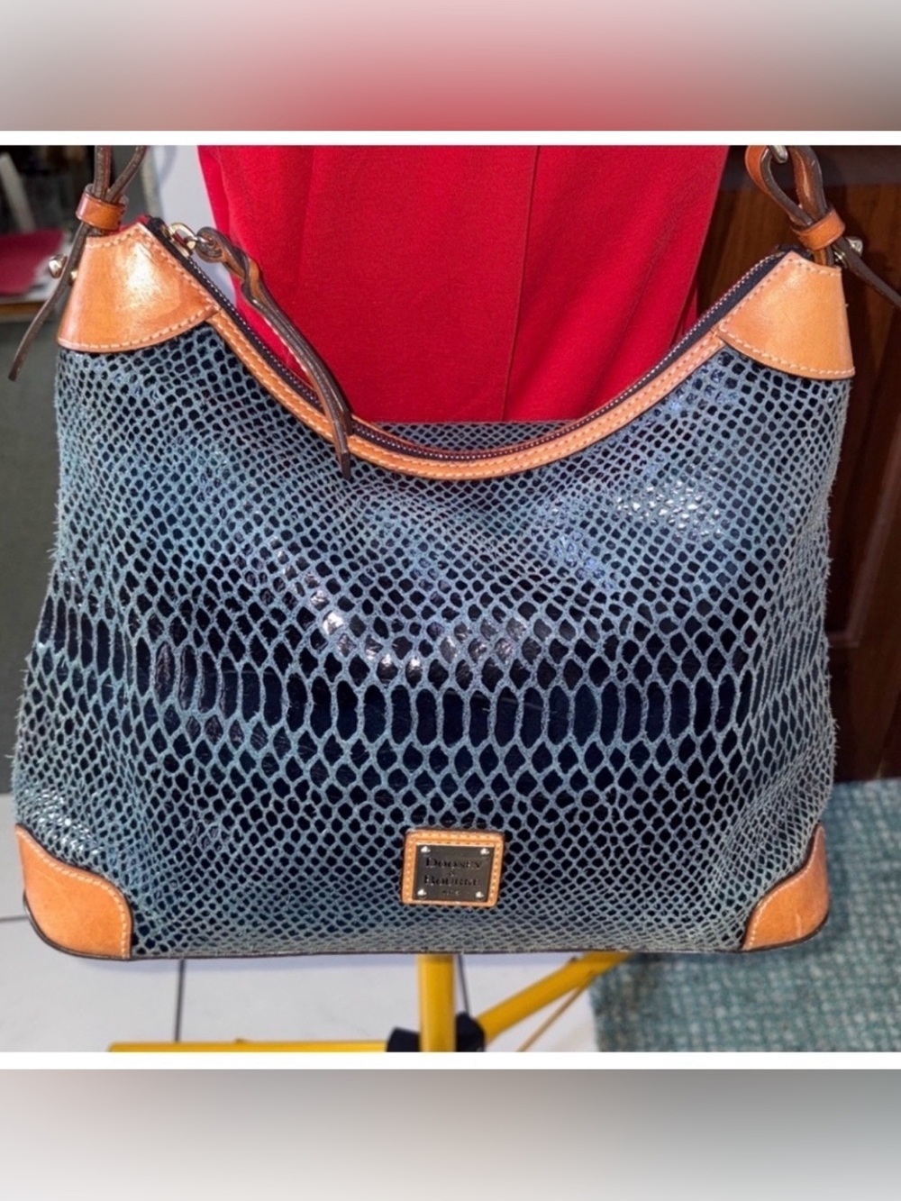 Dooney & Bourke  Shoulder Bag Navy/saddle, brown trim  leather  soft  textured